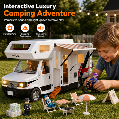 Interactive Toy RV Camping Car Playset with Sound and Light Features Doll and Camping Accessories for Kids