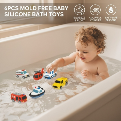 📢📢 50% OFF🛁 6-Piece Silicone Vehicle Bath Toys – Soft, Floating & Hole-Free for Splashy Play Ages 3+